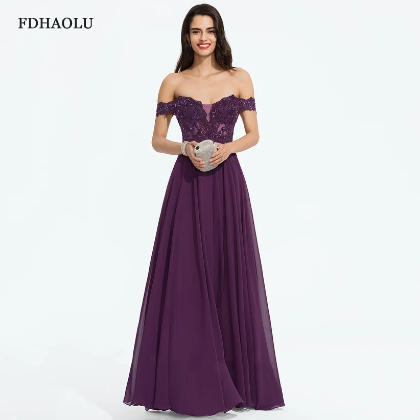 AE21 New Fashion A line Purple Long Evening Dress Party Elegant Vestidos De Festa Vintage Prom Dresses Lace Top Vestidos Longo