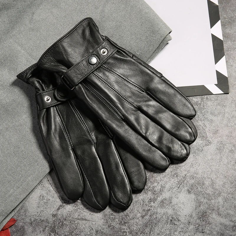 Guantes de piel auténtica para hombre, manoplas de oveja Real, alta calidad, otoño e invierno,