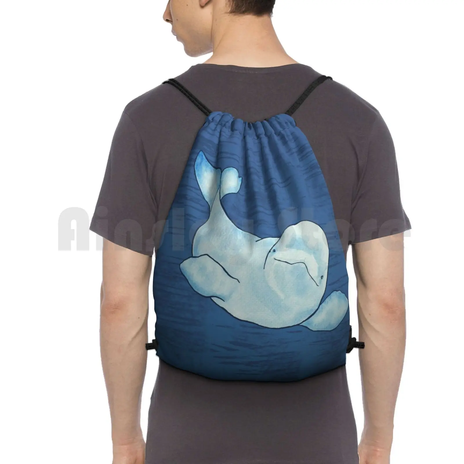 

Beluga Wave Backpack Drawstring Bags Gym Bag Waterproof Beluga Whale Animal Nature Watercolour Watercolor Ink Sea Animal