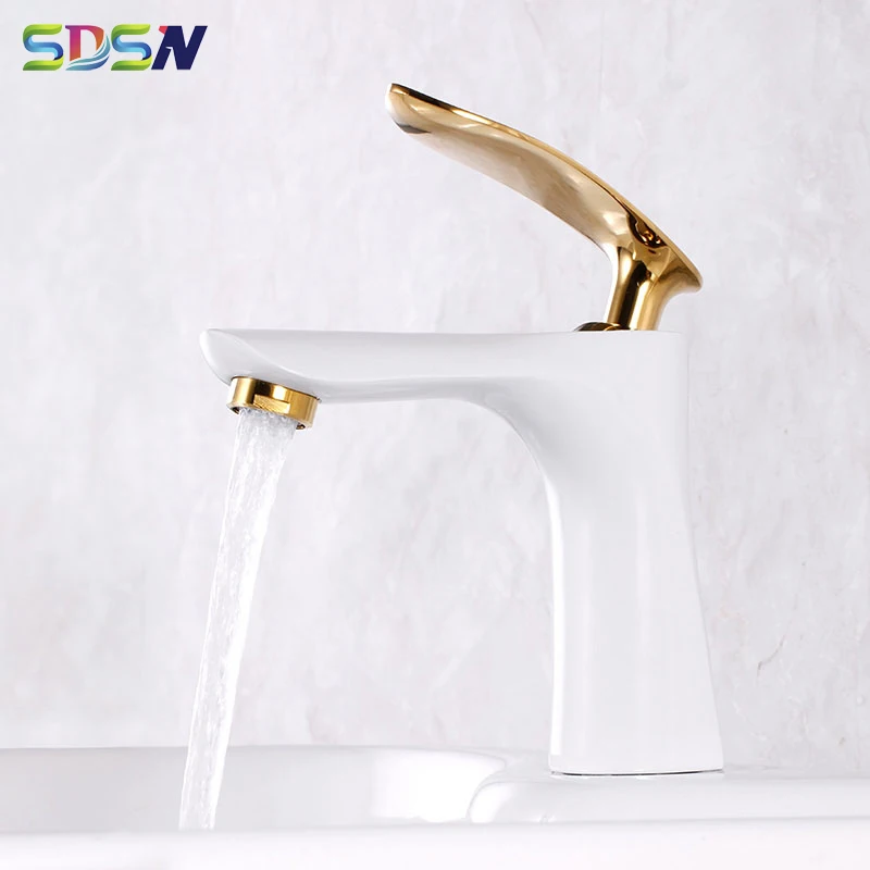 Luxury Basin Faucet SDSN White Gold Bathroom Mixer Faucets Deck Mounted Single Hole Bathroom Faucet Hot Cold Basin Mixer Tap