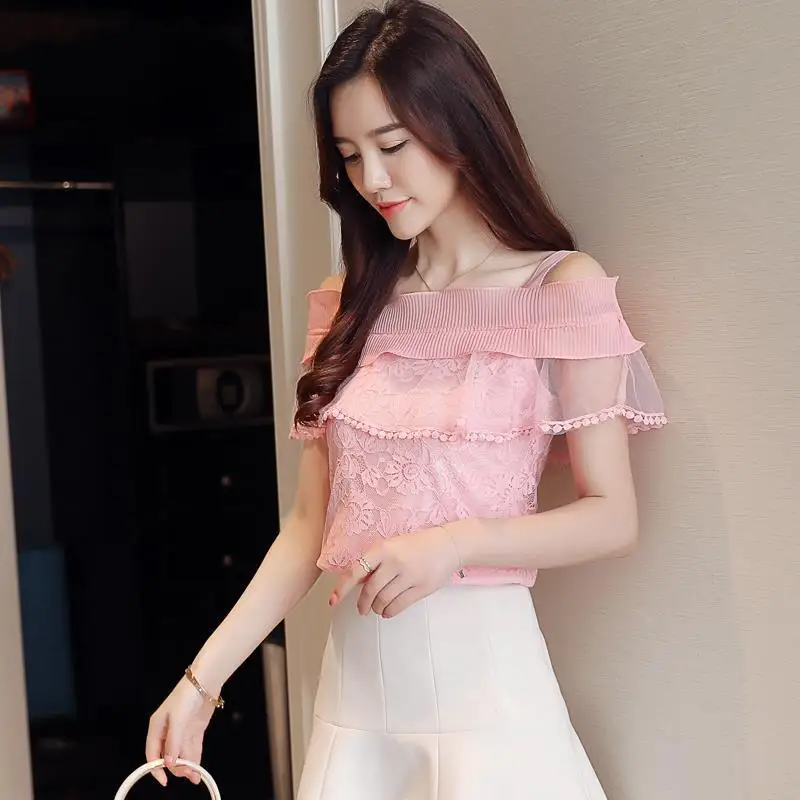 2024 New Summer Women Fashion Elegant Lace Floral Hollow Out T Shirts Tops Female Casual Solid Color Off Shoulder Ruffles Tee