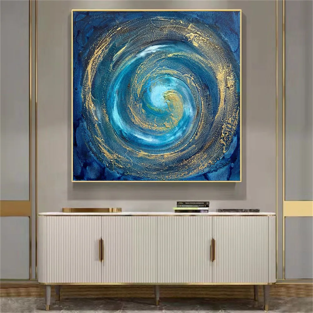 

100% Hand Beautiful Oil Painting Abstract Galaxy Nebula Art Blue Gold Texture Canvas Picture Modern Home Hotel Room Decor Mural