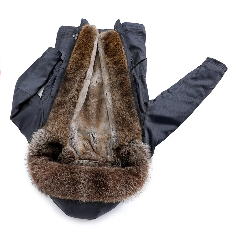 2020 new rabbit fur liner pie overcoming mid-length hooded raccoon fur collar overcoming coat men