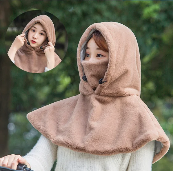 Four in One Cloak Shawl Plush Women Cycling Windproof Cover Face Outdoor Thickened Autumn And Winter Women's Hat Khaki