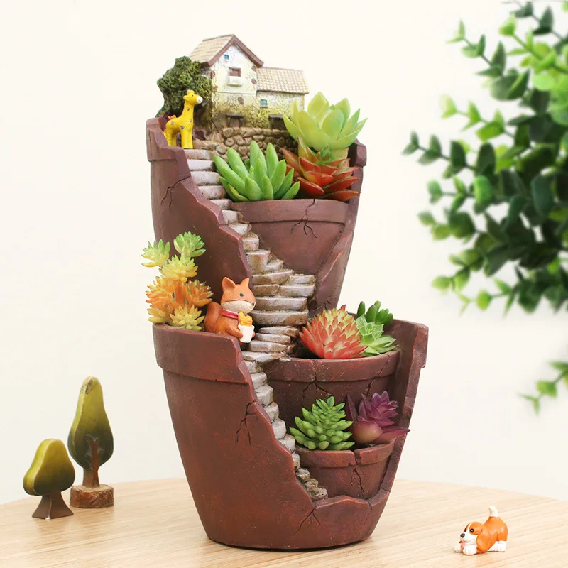 2021 Home Decoration Creative Resin House Shaped Garden Pot Bonsai Plant Flower Pots for Succulent Planter Retro Desktop Potted