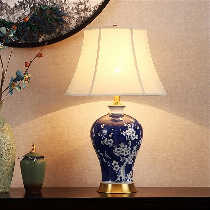 OURFENG LED Table Lamp Blue Ceramic Copper Luxury Desk Light Fabric Bedside Decorative for Home Dining Room Bed Room Office