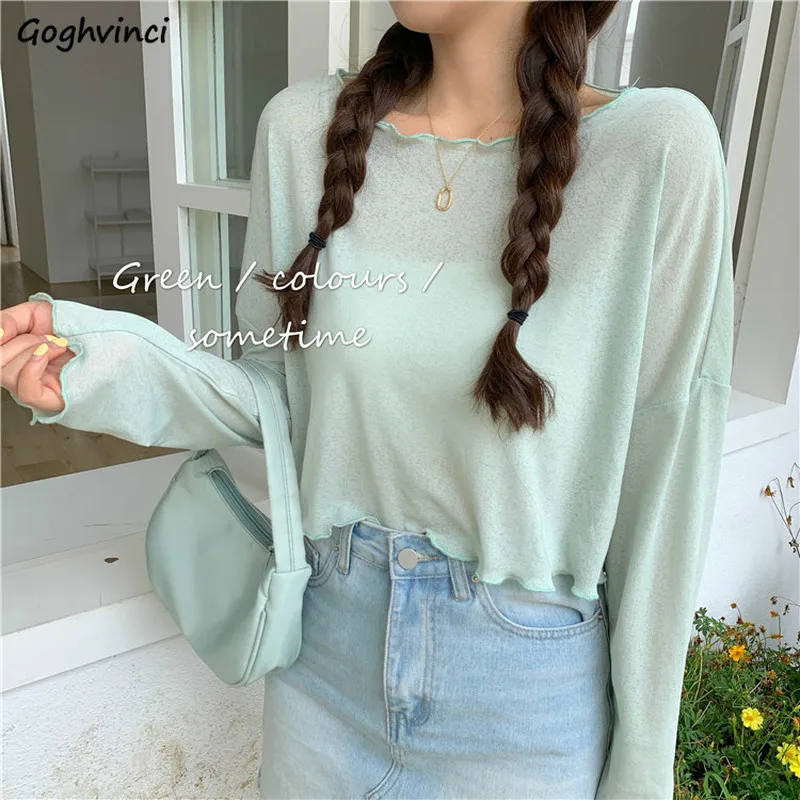 T-shirts Women Candy Color Mesh Knitting Loose Long Sleeve Ruffles Korean Style Summer Sweet Thin Lovely Soft Trendy Hot Selling