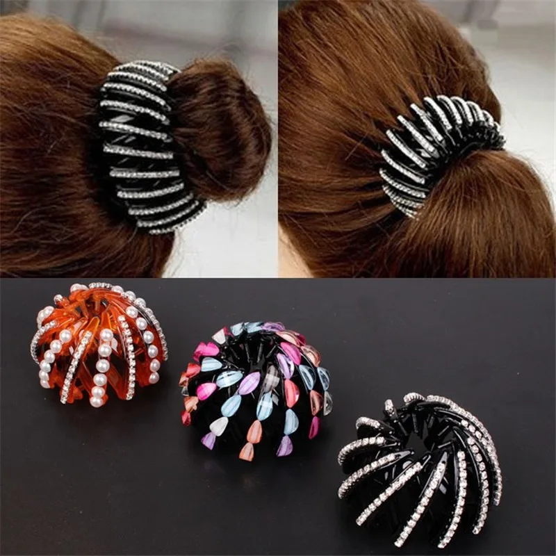 2021 New Fashion Women's Bird Nest Expanding Crystal Tail Hair Bun Holder Clips Claw Pins Hairdresser