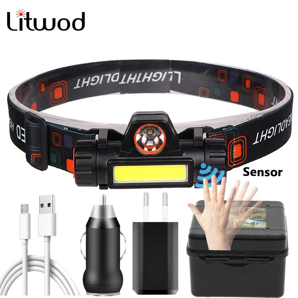 Sensor XP-G Q5 Headlamp Head Lamp Headlight Waterproof 2500lm Cob Led Built in Usb Rechargeable 18650 Battery Working Light 5w