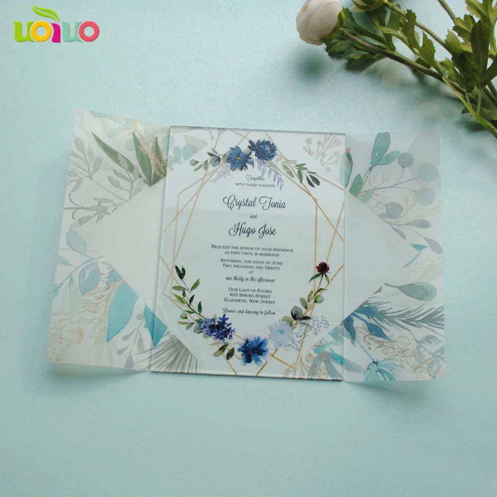 10pcs Custom Wedding Cards with Vellum Wrapper Lace Invitations with Box Hebrew Engagement Card