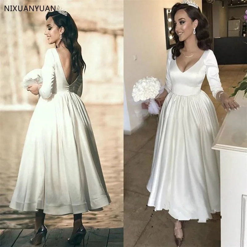 Vintage Tea-length 1920s' Wedding Dresses 2023 Modern Long Sleeve V-neck Simple Stain Backless Bride Wedding Gown Robe De Mariee