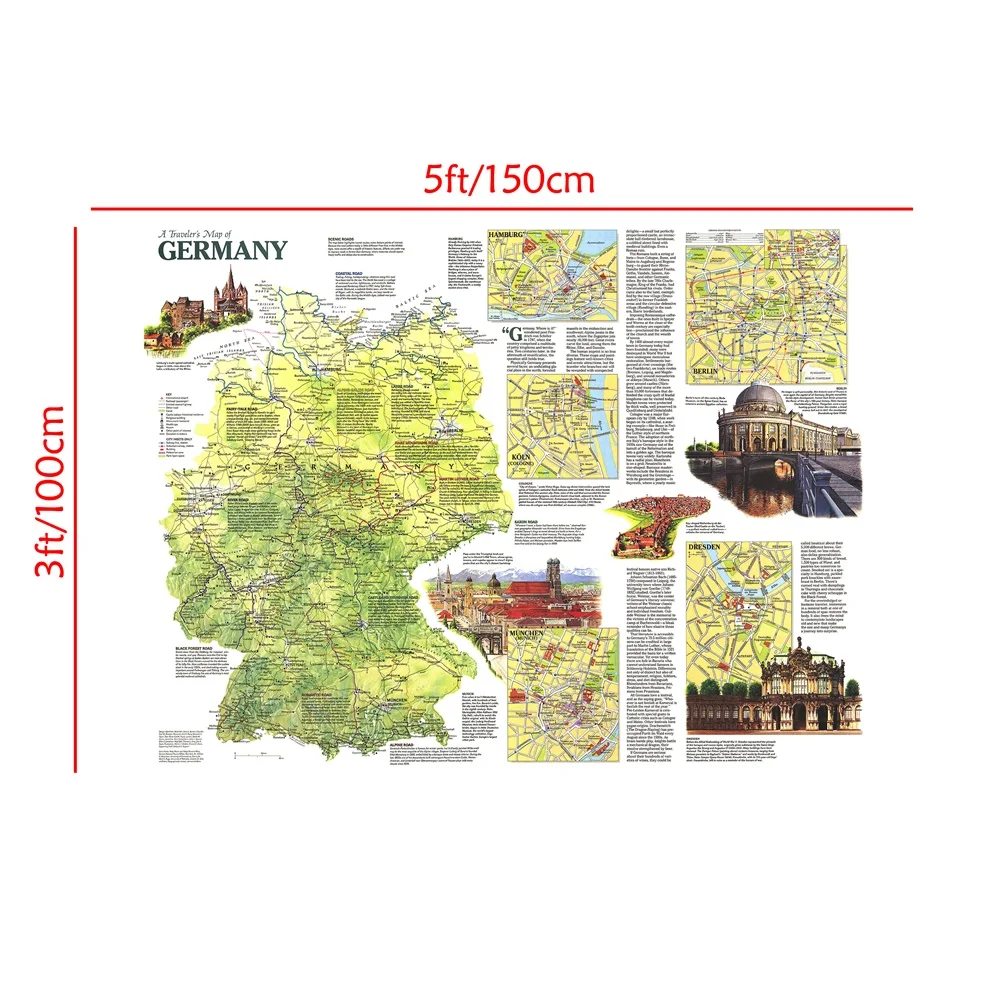 150x100cm 독일 여행지도 1991 빈티지 포스터 부직포 캔버스 회화 거실 홈 인테리어 학교 용품