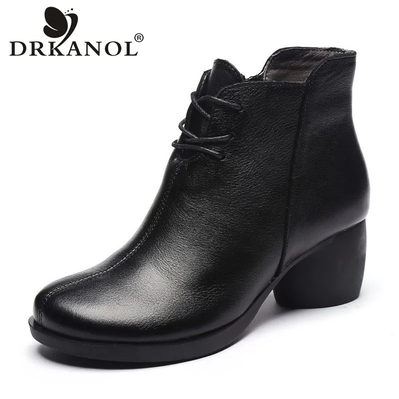 DRKANOL New Handmade Women Boots Retro Genuine Leather Ankle Boots For Women Winter Warm Shoes Round Toe Thick Heel Boots Female