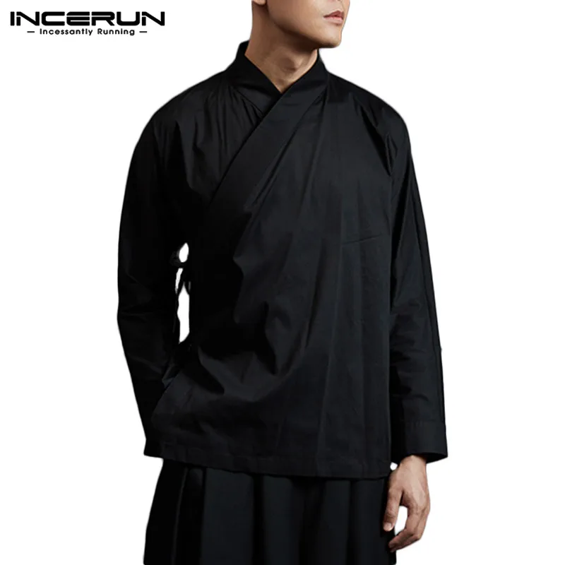Chinese Stijl Mannen Shirt Effen Kleur Retro Hanfu Lange Mouwen Vintage Lace Up 2023 Stand Kraag Elegante Heren Shirts Camisa incerun