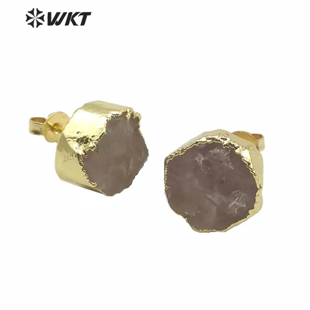 WT-E631 Raw Pink Quartz Stone Earring Stud With Gold Eletroplated Natural Raw Stone Women Jewelry Stud China Supplier