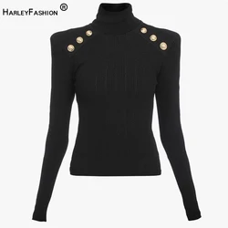 HarleyFashion-inverno feminino mistura de lã preto gola alta pulôver, camisola de tecido de malha casual, qualidade superior