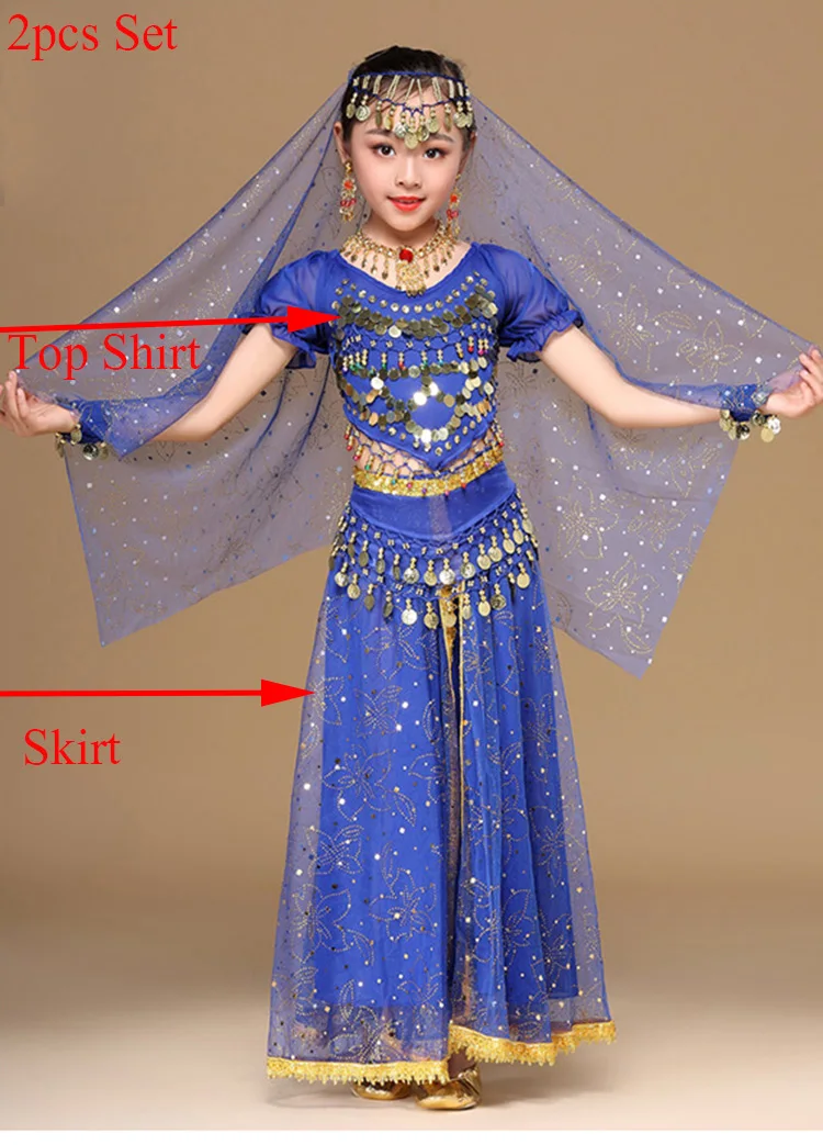 Girls Bollywood Dance Costume Set Kids Belly Dance Indian Sari Children Chiffon Outfit Halloween Top Belt Skirt Veil Headpiece