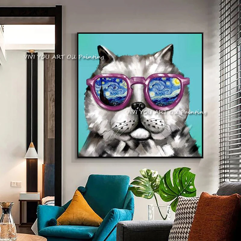 100% Handmade Cool Cat With Starry‑Night Sunglasses Oil Painting, Fun Animal Canvas Art, Playful Living Room Wall Decor