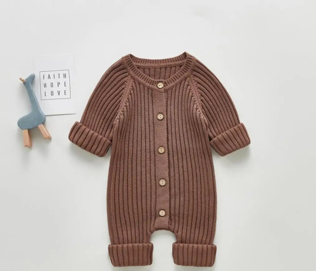 New Winter Fall Baby Kids Cotton Warm Rompers Solid Color Long Sleeve Button Knitted Swearter Rompers Warm Baby Clothing 2023