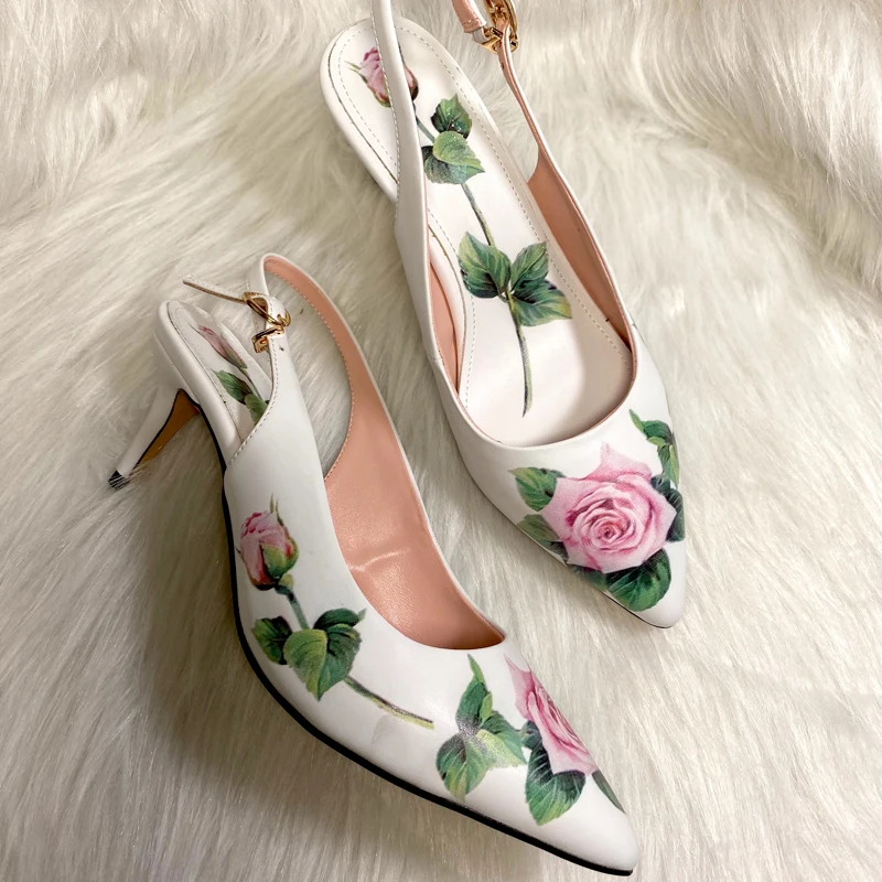 6cm Low Heel Bridal Shoes Rose Flower Print High Heel Pumps Pointed Toe Stiletto Pumps Slingback Sandals Summer Sweet Heels