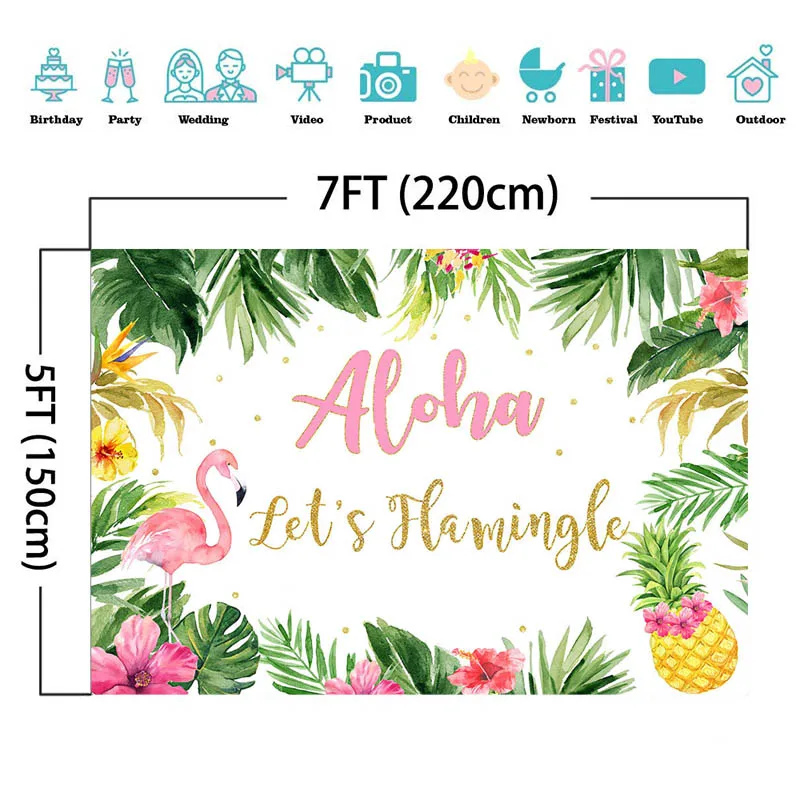 MOCSICKA Aloha Floral Birthday Party Background Hawaiian Flamingo Photography Background Beach Blue Sky White Clouds Banner