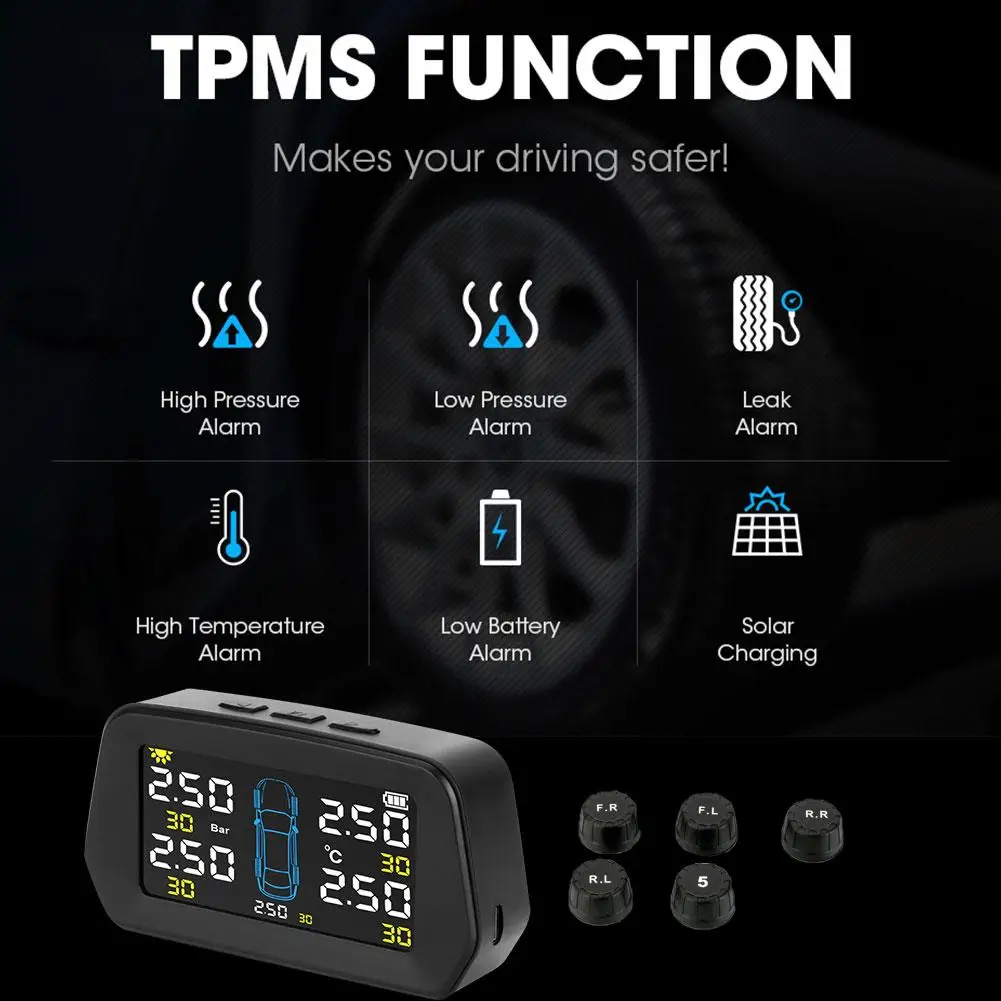 Alarm Tire Pressure Sensor Reliable Durable Monitoring System Solar Power Auto Security Tyre Pressure Control TPMS for 5 Tires