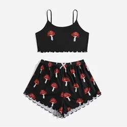 Cartoon Mushroom Print Cute Female Girl Sleepwear Pijamas Summer V Neck Sleeveless Sexy Pyjamas Women Pajamas Sets Y2k Home Suit