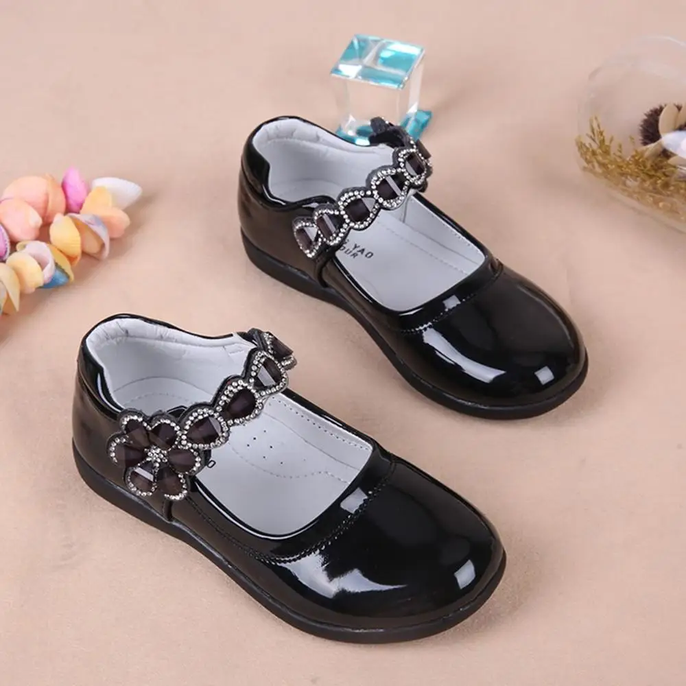 Girls Leather Princess Shoes Children Kids Girls Party Dance Perform Flower Breathable School Flat Shoes Crystal Casual EUR26-38