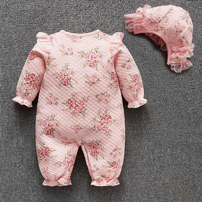 Macacão princesa floral grosso do bebê recém-nascido, bodysuit e chapéus, conjuntos de roupas para meninos e meninas, roupas de inverno