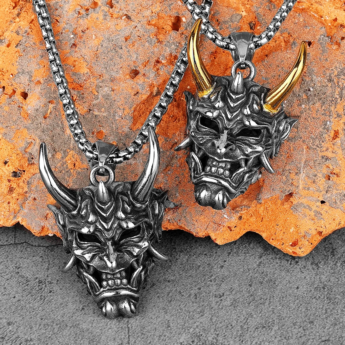 Japanese Hannya Mask Horn Stainless Steel Men Necklaces Pendants Chain Punk for Boyfriend Male Jewelry Creativity Gift Wholesale