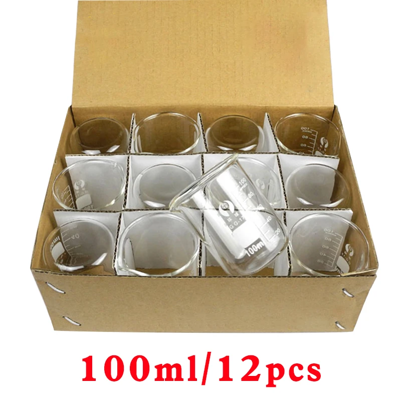 100ml 12pcs/set Laboratory glassware Pyrex Beaker borosilicate glass  chemical measuring cup flat bottom Thickened with spout