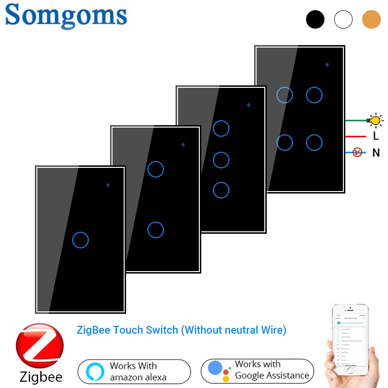 

Somgoms ZigBee Wall Touch Smart Light Switch Without Neutral wire with Capacitor Smart Life Works with Alexa Google Home