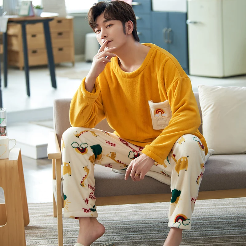 2 Pieces/set Sleep Tops Trousers Pajamas Set for Man Cartoon Korean FashionSleepwear suits pijama hombre invierno vetement homme