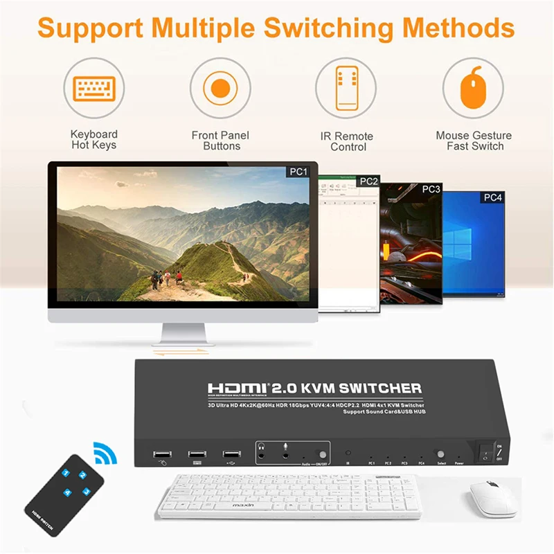 HDMI 4K الترا HD 4x1 HDMI KVM التبديل 3840x2160 @ 60Hz 4:4:4 يدعم USB 2.0 جهاز التحكم يصل
