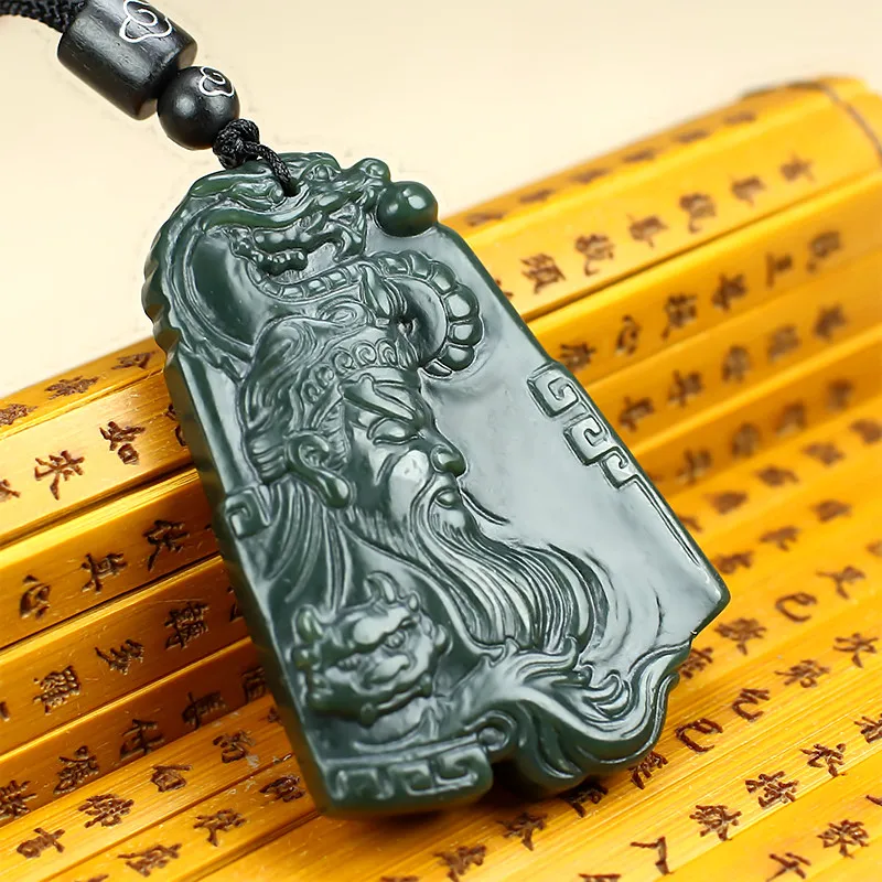 

Natural Bottle Green Jadeite Carven Dragon With Guan Yu Pendant Lucky Amulet Hanging Protective Talisman