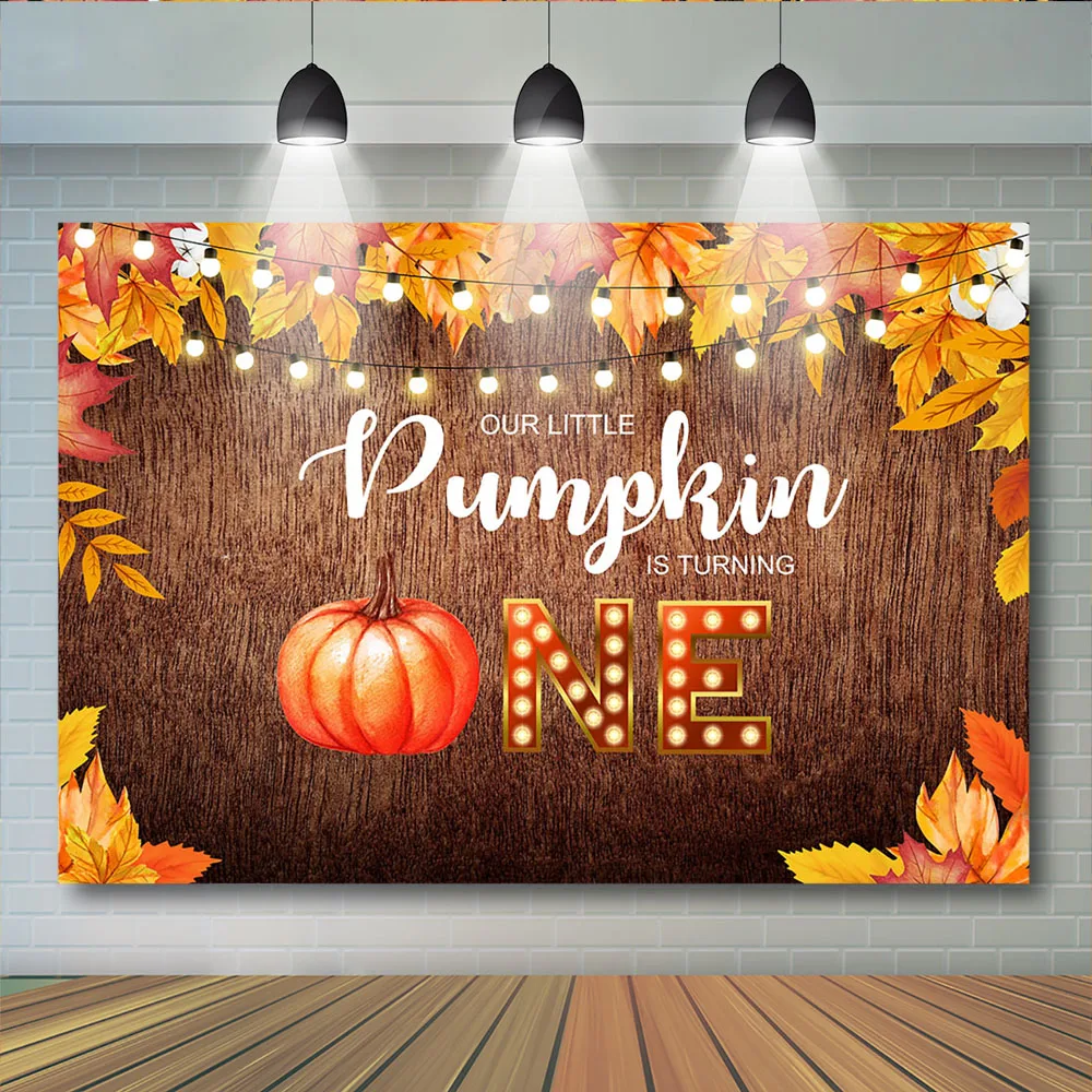 Birthday Party Halloween Photography Birthday One Little Pumpkin Is Turnning One Wooden Backdrops Maple leaf Photobooth