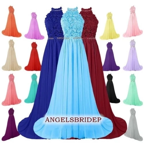 

ANGELSBRIDEP High-Neck Long Bridesmaid Dresses Chiffon Waist Beaded robe de soiree Formal Wedding Guest Party Dresses Plus Size