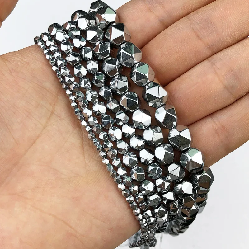 3/4/6/8/10MM Silver Color Faceted Round Hematite Natural Stone Handmade Spacers Loose Beads For Jewelry Making Diy Bracelets