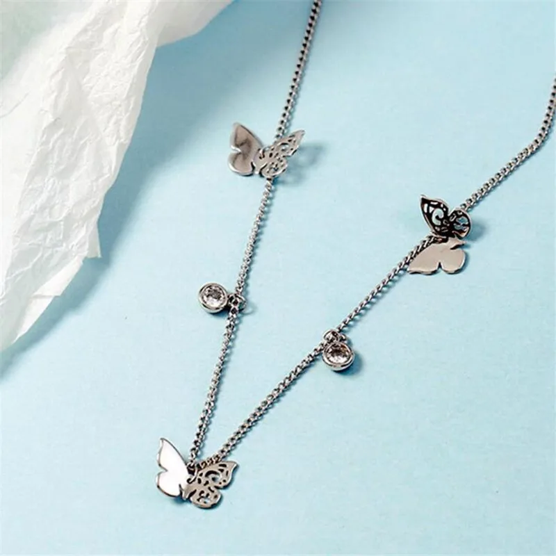 Hollow Butterfly Female Temperament 925 Sterling Silver Jewelry Inlaid Zircon Clavicle Chain Retro Pendant Necklaces HZX106