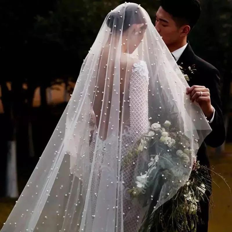 Without Comb White/Ivory/Champagne Long Bridal Veil One Layer Blusher Veil With Pearls Velos de Noiva Wedding Beads Veil 3Meter