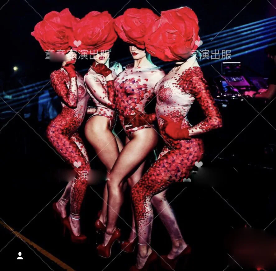 

nightclub romantic Valentine's Day Red rose Love heart printing bar party girl stage dance gogo costume