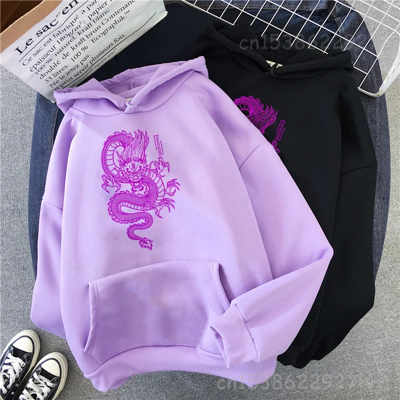 Vintage Women Hoodie China Dragon Print Purple Hooded Sweatshirt Harajuku Hip-Hop Top Streetwear Casual Oversize Hoodie