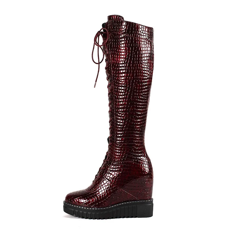 Photin 2023 inverno stivali alti al ginocchio in vera pelle zeppa tacchi alti zip cross tied scarpe da donna nero bottino lungo 1207