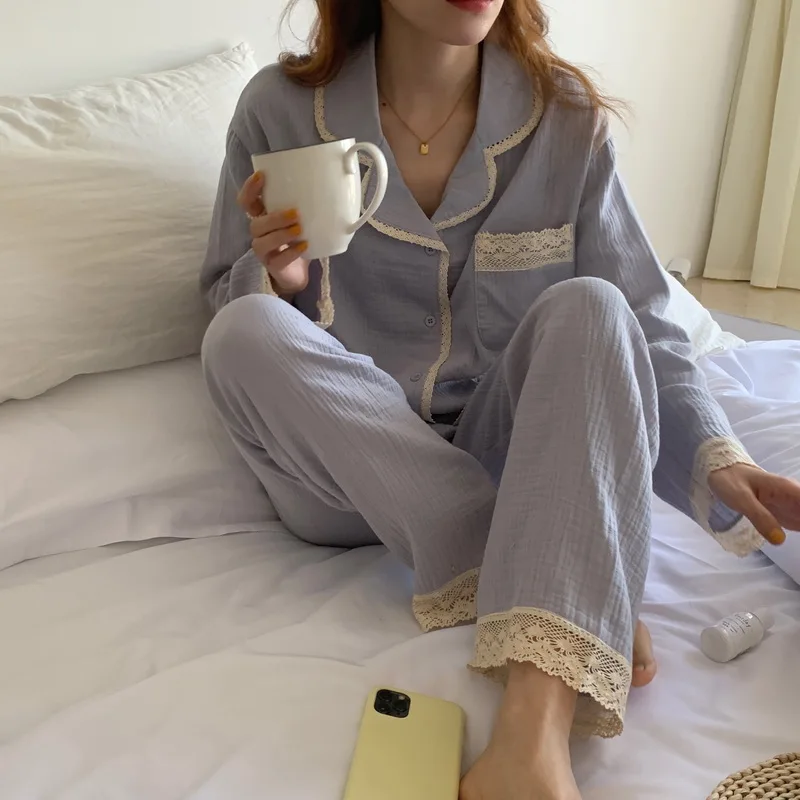 vintage lacework soft cotton sleepwear women pajama set loose casual pyjamas suit two piece set crepe home clothes trousers