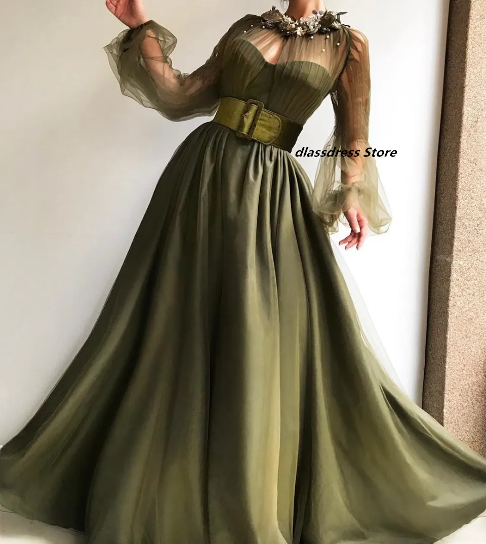 Olive Green Satin Long Prom Dresses for Women 2022 Formal Party Robe De Soiree Sheer Sleeves Beading Vestidos Evening Gowns Hot