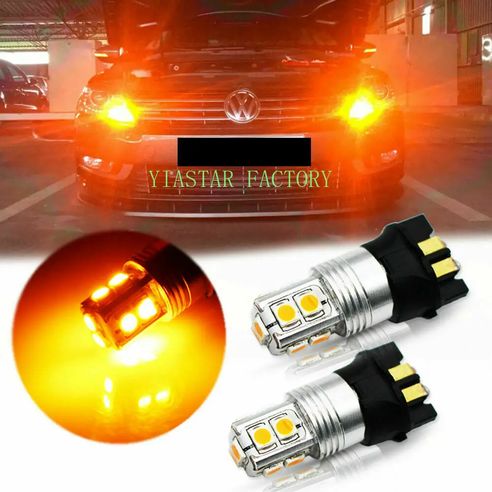 2Pcs Amber Yellow Canbus 10-SMD PW24W PWY24W LED Bulbs For Audi A3 A4 A5 Q3 VW MK7 Golf CC Ford Fusion Front Turn Signal Lights