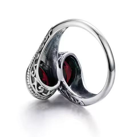 Pure 925 Sterling Silver 2 Stones Womens Garnet Ring Vintage Jewelry Gothic Tear Drop Wedding Anniversary Female Gift For Wife R
