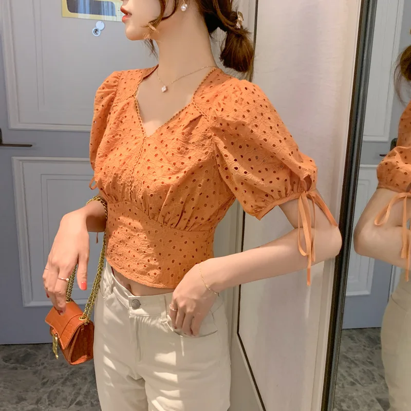 Womens Blouse 2020 Summer Puff Sleeve Bow Lace Hollow Crochet Short Design Vintage V Neck Chic Korean Shirt Top Orange White