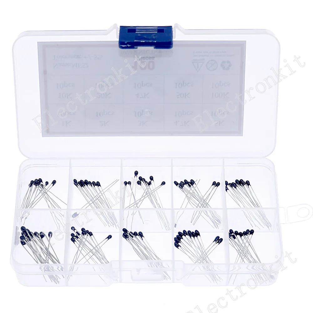 100pcs/Box 10 Values NTC thermistor Thermal Resistor Kit NTC-MF52AT Resistors set 1K 2K 3K 4.7K 5K 10K 20K 47K 50K 100K 5% 3950B