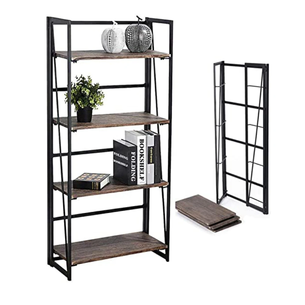 Folding Bookshelf 4 Tiers Book Rack Organizer Home Office Industrial Bookcase Vintage Wooden Storage Shelves[US-Stock]